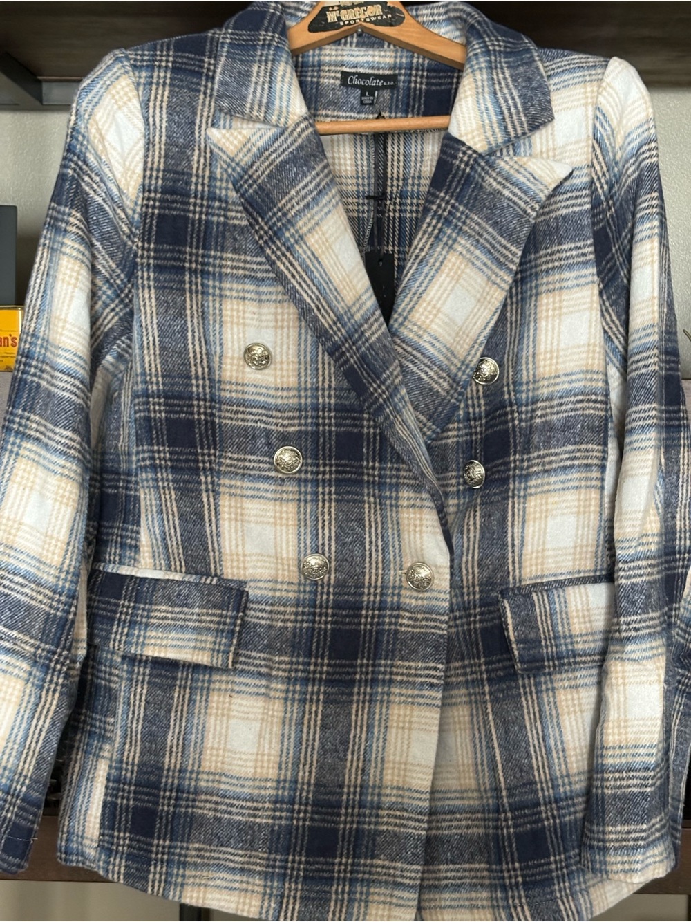 Navy, Cream and Tan Plaid Double-Breasted Blazer Lightweight Size Large NWT